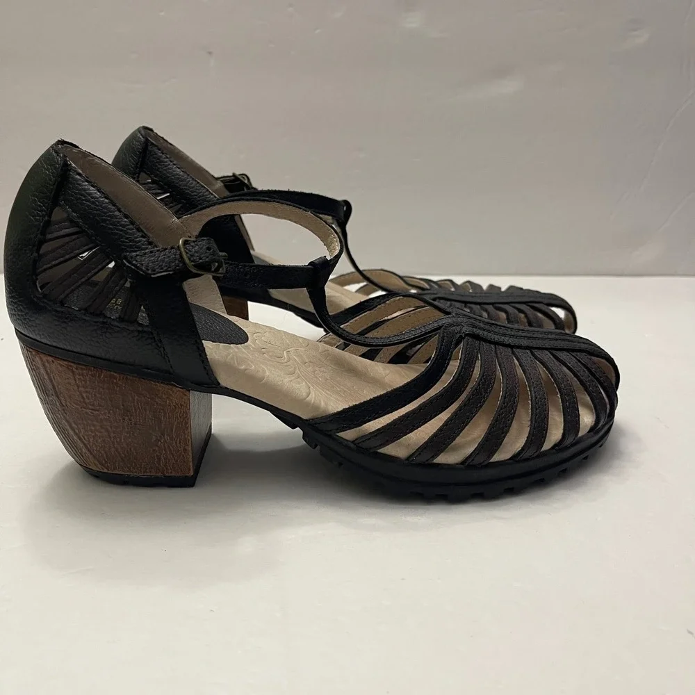 Jambu Sofia Black Leather T-Strap Caged Block Heel Sandals Womens 8M